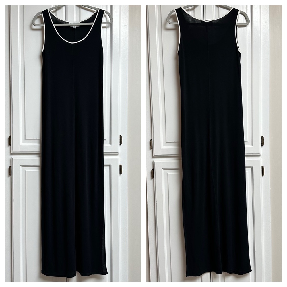 Emanuel Ungaro Maxi Dress Black with White Trim & High Side Slits Size Medium